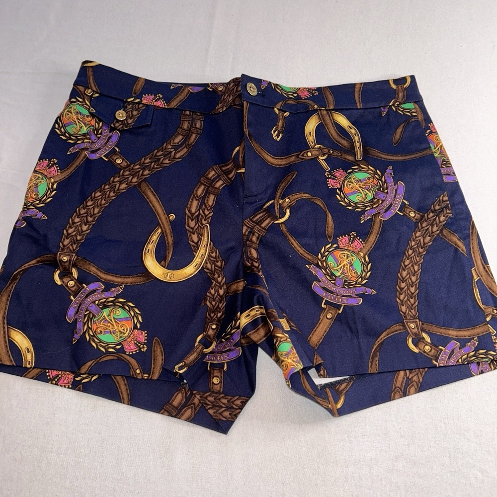 LRL Lauren Ralph Lauren Flat Front Cotton City‎ Shorts Navy Blue Equestrian 14P